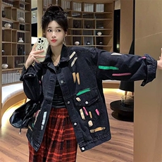 887-P52彩色涂鸦牛仔外套女春秋新款大码胖MM设计感小众，男装工装外套，电商B323A