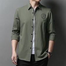 秋季长袖衬衫男士免烫纯棉春秋2023新款刺绣中年商务休闲衬衣服，男装衬衫，电商B212（原钱塘6029）