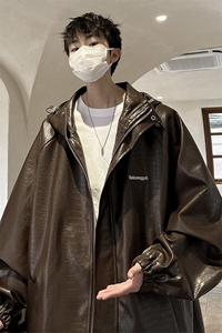 港风连帽鳄鱼纹PU皮衣大码M-5XL情侣冲锋衣夹克男JK8744P90控128图片