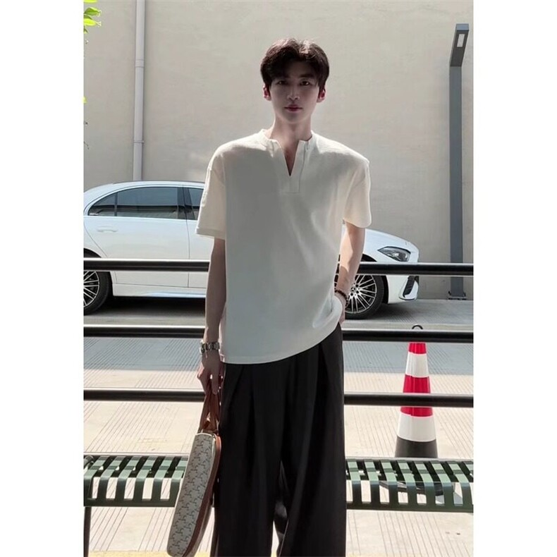 自制~高品质~亨利领短袖重磅宽松半袖上衣v领正肩t恤DX109特P25,男装T恤,星座908