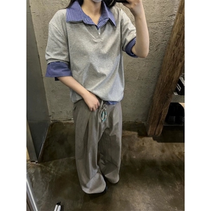 得物抖音高品质二开 夏季美式潮牌高街假两件格子衬衣翻领短袖T恤图片