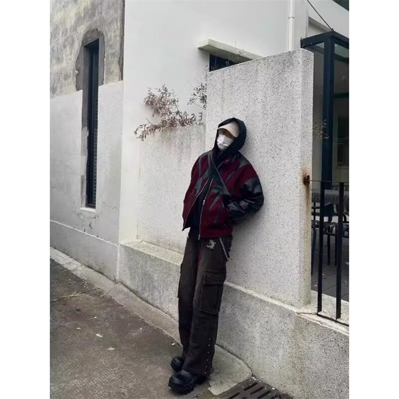 酒红色美式高街飞行员夹克外套高级感痞帅拼接棒球服JKJ31特P73,男装夹克,星座908-1