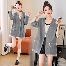 小香风蕾丝拼接西装外套女春秋2025新款小个子灰色西服慵懒风气质，女装西装，妙形