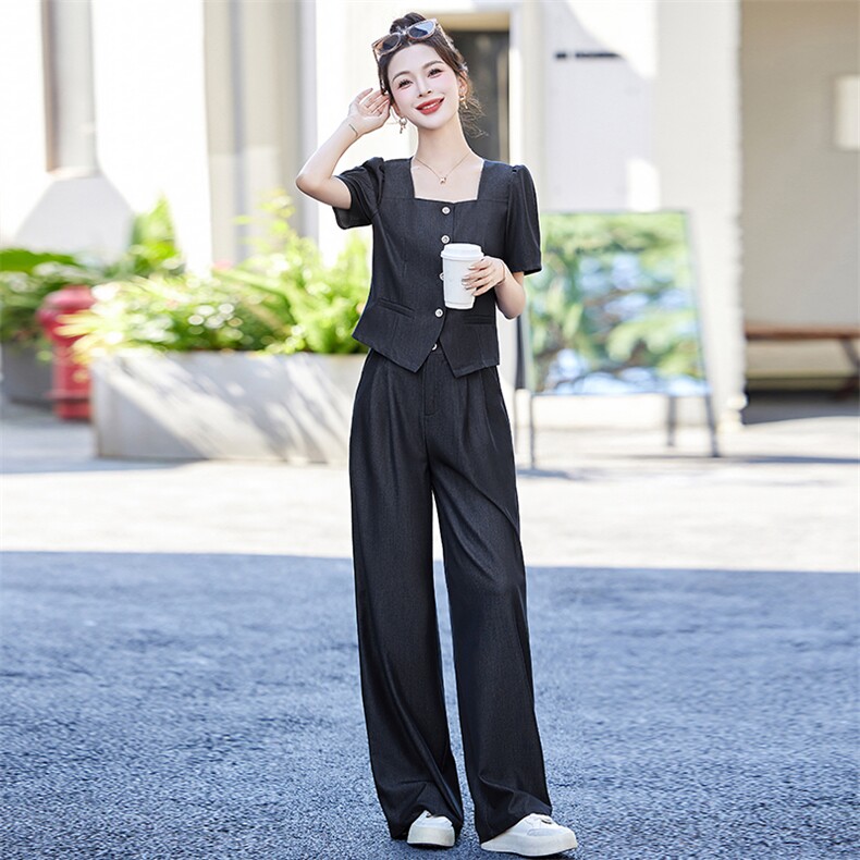天丝牛仔休闲套装女2025夏新款气质方领短袖上衣高腰阔腿裤两件套,女装套装/套裙,众宇琦