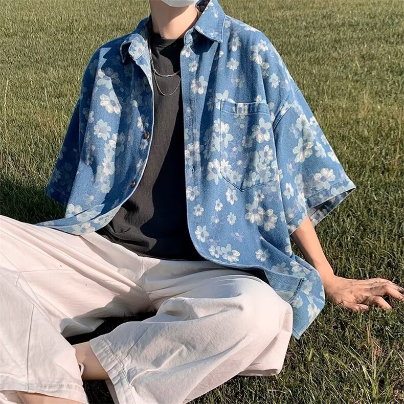 新款小雏菊短袖衬衫男女夏季宽松复古翻领半袖牛仔衬衣S1226-p50图片