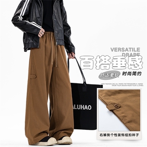 美式复古春秋新款工装长裤男生宽松直筒休闲裤子潮牌K02530-P58,男生白色连帽卫衣搭配黑色休闲裤图片