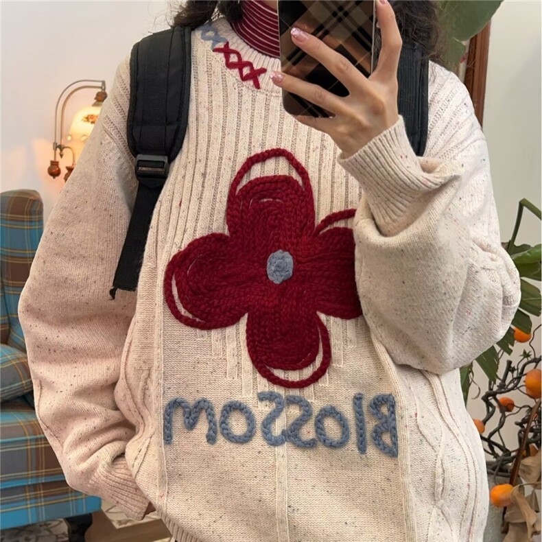韩系卡通刺绣图案彩点毛衣女2026春秋情侣百搭软糯针织衫短款上衣,男装针织衫/毛衣,星座506A