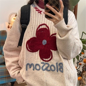 韩系卡通刺绣图案彩点毛衣女2026春秋情侣百搭软糯针织衫短款上衣图片