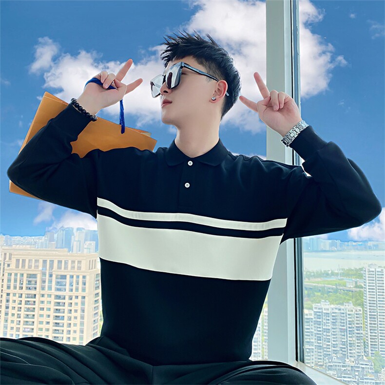 AW16/P68控98秋季社会小伙百搭条纹撞色polo领长袖卫衣男黑首,男装卫衣,星座305B-1