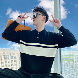 AW16/P68控98秋季社会小伙百搭条纹撞色polo领长袖卫衣男黑首