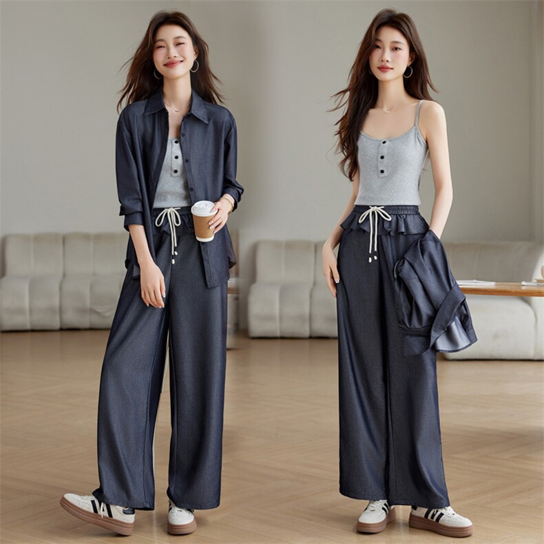 高级感牛仔衬衫阔腿裤套装三件套女2025春季漂亮超火独特叠穿腰封，女装套装/套裙，江南富贵女