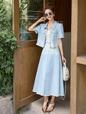 现货牛仔套装女夏季2025新款高级感显瘦遮肚子减龄半身裙两件套，女装套装/套裙，韩然一族