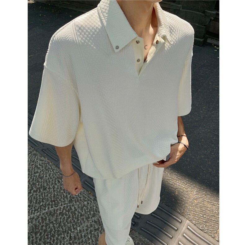 肌理感短袖POLO衫两件套宽松短袖短裤运动套装男H1092特P65,男装Polo衫,电商A341