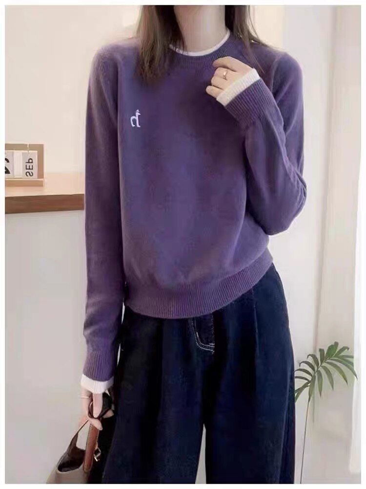 灰色圆领拼色假两件针织衫女秋冬新款韩系羊毛衫宽松打底衫毛衣,针织衫/毛衣,美莎羊绒