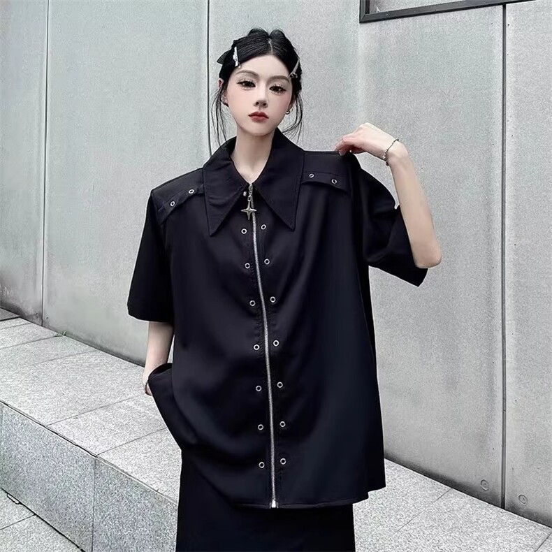 2025夏季新款拉链垫肩衬衫男短袖工装衬衣设计感cleanfit五分袖,男装衬衫,星座506A