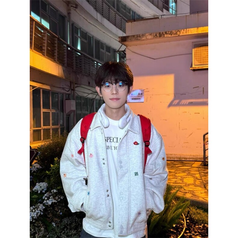 潮牌花卉刺绣外套男2025秋季新品翻领情侣复古百搭卫衣工装夹克，男装夹克，星座506A