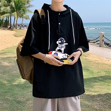 LD54158-P45连帽短袖t恤男大码胖子带帽五分袖中袖，男装T恤，电商A040
