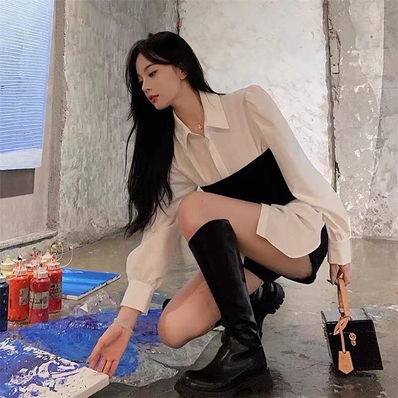 针织拼接衬衫，女装衬衫，阿爆