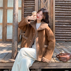 皮毛一体麂皮绒外套女2025秋冬新款韩系高级感复古时髦两面穿夹克，女装棉衣/棉服，2D078