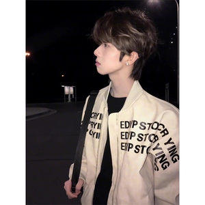 PU皮高质量 字母夹棉棒球服情侣夹克外套男 J81-常规P65 加棉P75图片