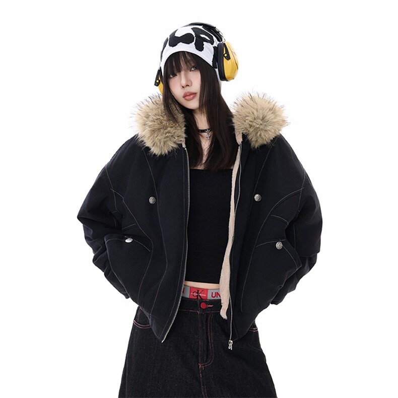 现货重磅boxy短款棉衣座山雕大毛毛领男女棉服水洗工装厚外套，男装棉衣，电商A486-1