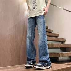 美式复古水洗阔腿牛仔裤新款ins春夏潮流百搭宽松直筒长裤子男女，男装牛仔裤，星座410-7