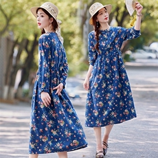中式碎花连衣裙女装纯棉长袖2025年秋季新款高端大码显瘦棉麻裙子，商品下架区，水衣源