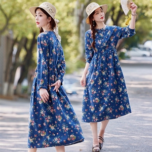 中式碎花连衣裙女装纯棉长袖2025年秋季新款高端大码显瘦棉麻裙子图片