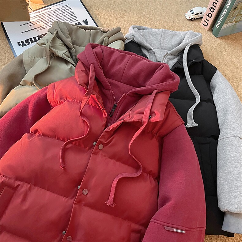 新款假两件棉服男加厚羽绒棉衣情侣款连帽拼色连帽外套M092-P75,男装棉衣,星座1403A