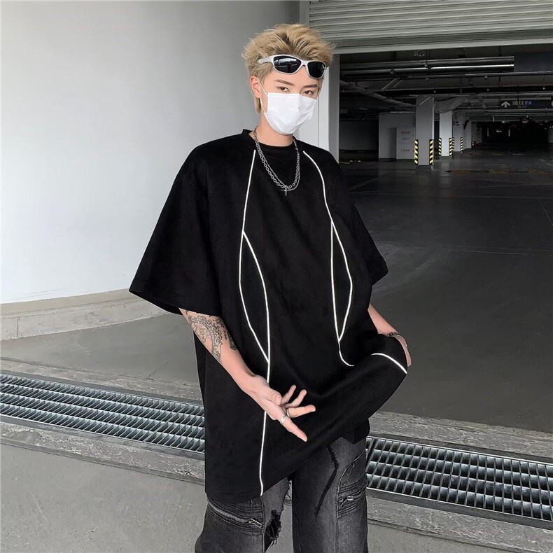 DT5575-P35美式高街解构反光条宽松短袖t恤男夏季潮牌复古麂皮绒图片