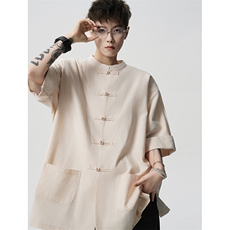 8XL-M新中式衬衫男中山装麻棉风复古中袖衬衣唐装CS527P60，男装衬衫，电商D206-1