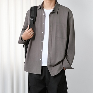 春秋季男士日系纯色衬衫经典翻领长袖宽松上衣潮流衬衣CSY13图片