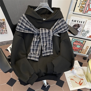 复古潮牌格子披肩设计感连帽卫衣男春季宽松情侣上衣W0149-P60,红裙子穿搭技巧图片