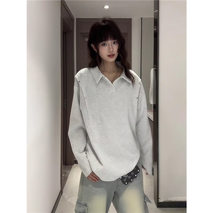 白花灰美式翻领卫衣男款秋季解构廓形长袖polo衫加厚重磅打底上衣图片