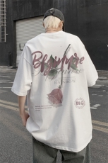 300g重磅纯棉短袖t恤男oversize玫瑰印花半截袖宽松大码五分袖潮，男装T恤，电商B295