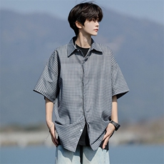 8XL-M短袖衬衫男夏宽松慵懒风痞帅条纹格子衫半袖外套DC28005P40，男装衬衫，电商B312