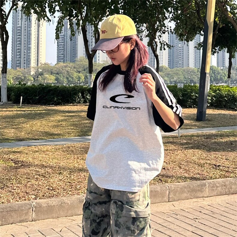 抖音得物品质二开240克宽松纯棉美式潮牌插肩三杠织带短袖T恤,男装T恤,电商A486