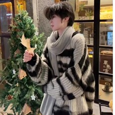 黑白条纹毛衣男冬季美式复古慵懒针织衫宽松毛衣1001-1-MY15-P48，男装针织衫/毛衣，星座1001-1