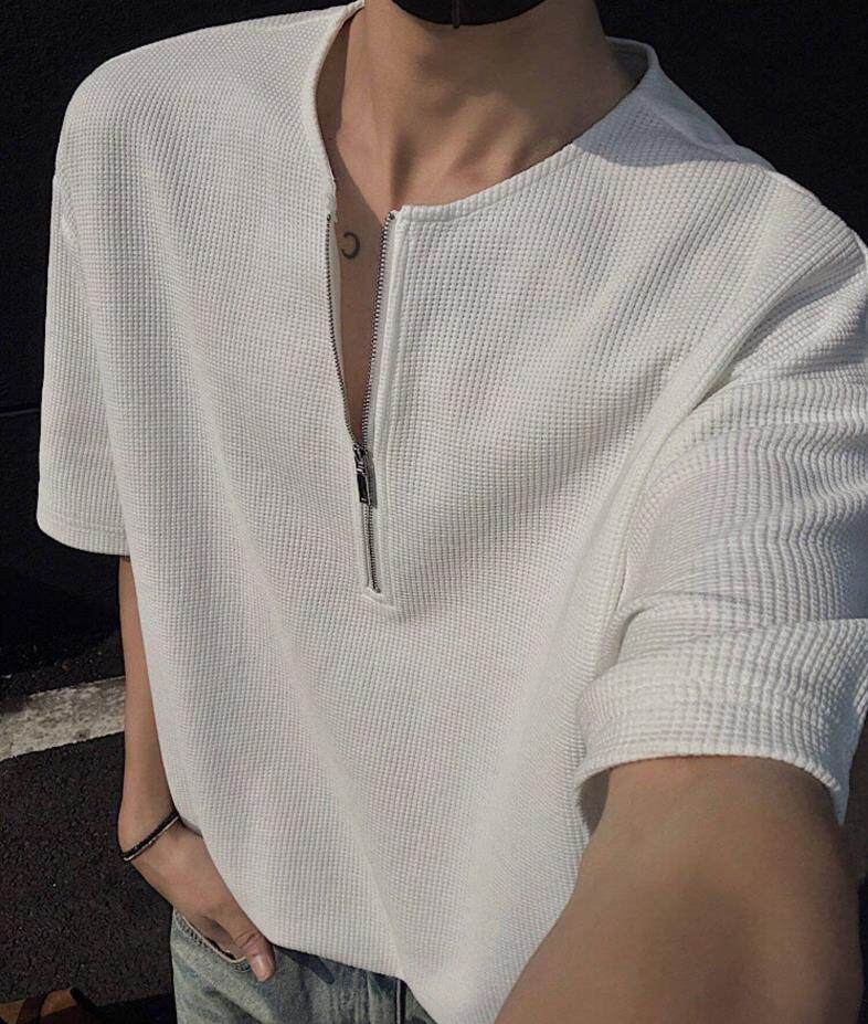 夏季华夫格半拉链t恤男叠穿肌理感内搭宽松打底衫513DT3501P23,男装T恤,星座513