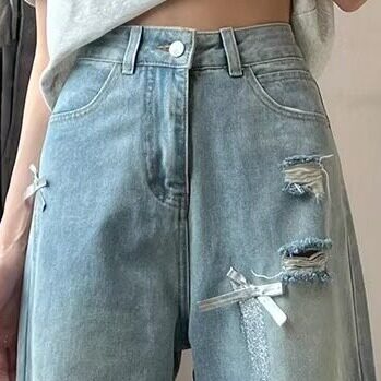 大码胖mm美式高街复古蝴蝶结破洞牛仔裤女夏直筒阔腿拖地长裤子潮,男装牛仔裤,星座506A