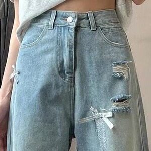 大码胖mm美式高街复古蝴蝶结破洞牛仔裤女夏直筒阔腿拖地长裤子潮图片