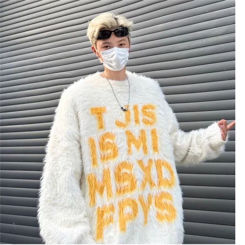 美式潮字母水貂毛慵懒风毛衣秋冬宽松情侣针织衫外套V04P53网图,男装针织衫/毛衣,电商B245