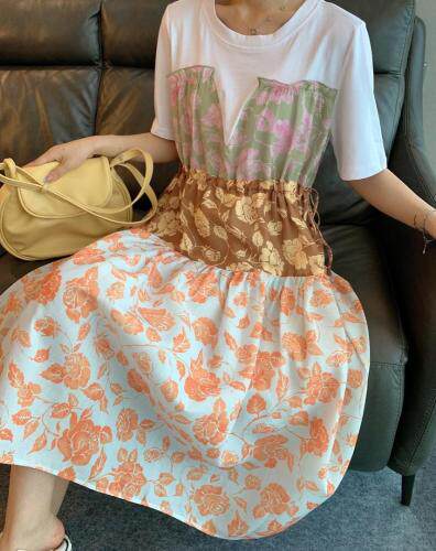 【现货】韩版三色花拼接连衣裙，女装连衣裙，秋水月亮