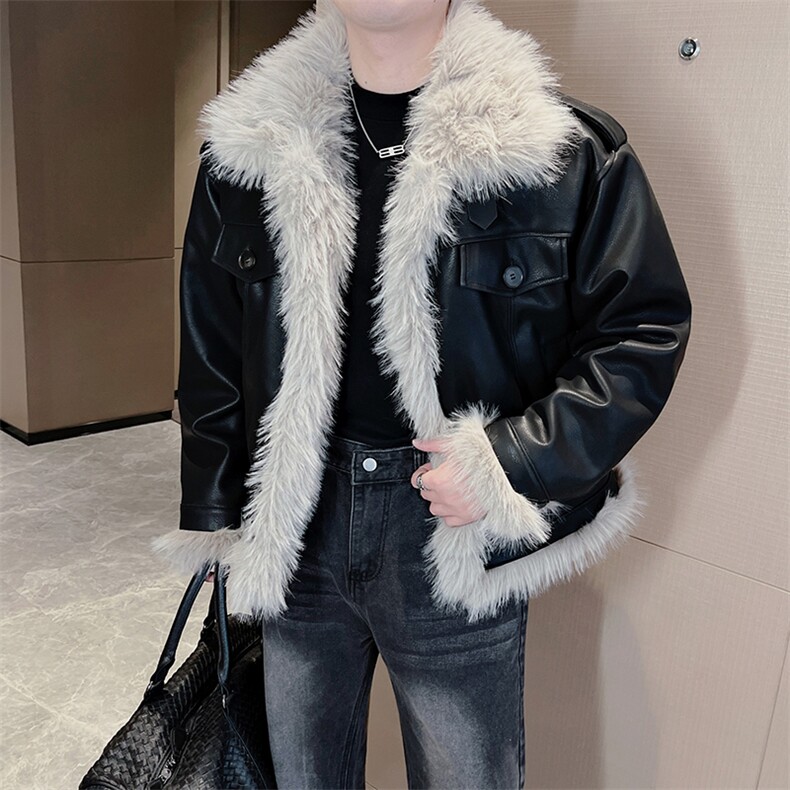 冬季网红高级感韩系加棉毛领潮牌皮毛一体棉衣男毛毛皮衣M135P175，男装皮衣，电商B267