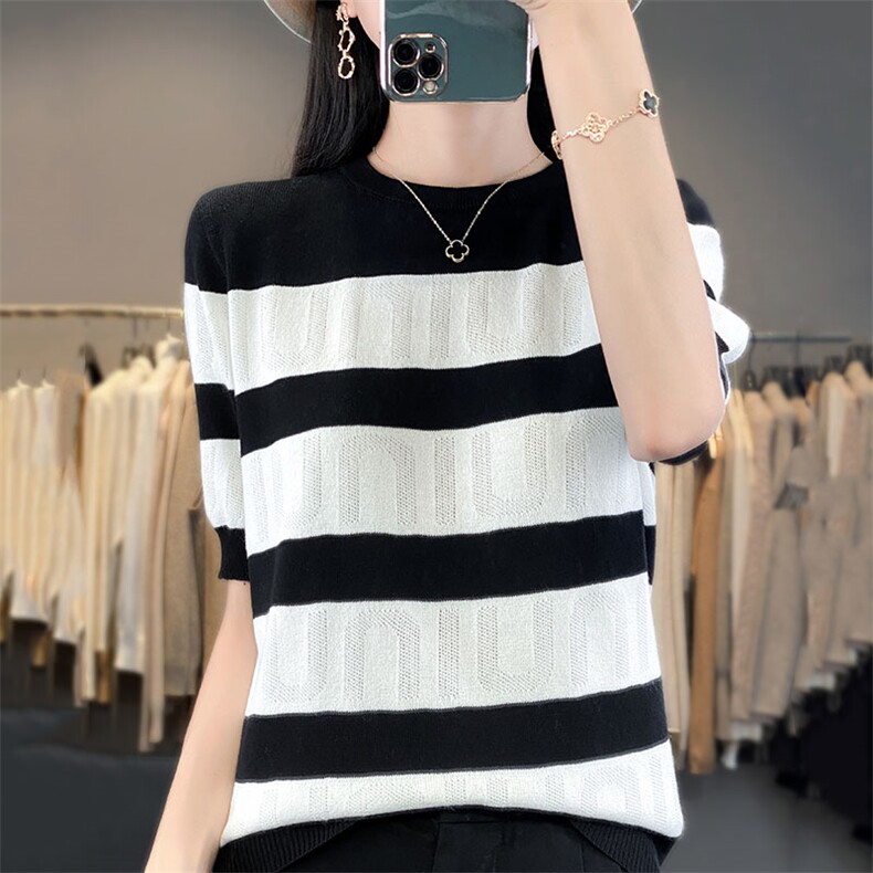 时尚条纹镂空短袖冰丝针织衫显瘦百搭夏季女装上衣，女装针织衫/毛衣，萱芳婷羊绒