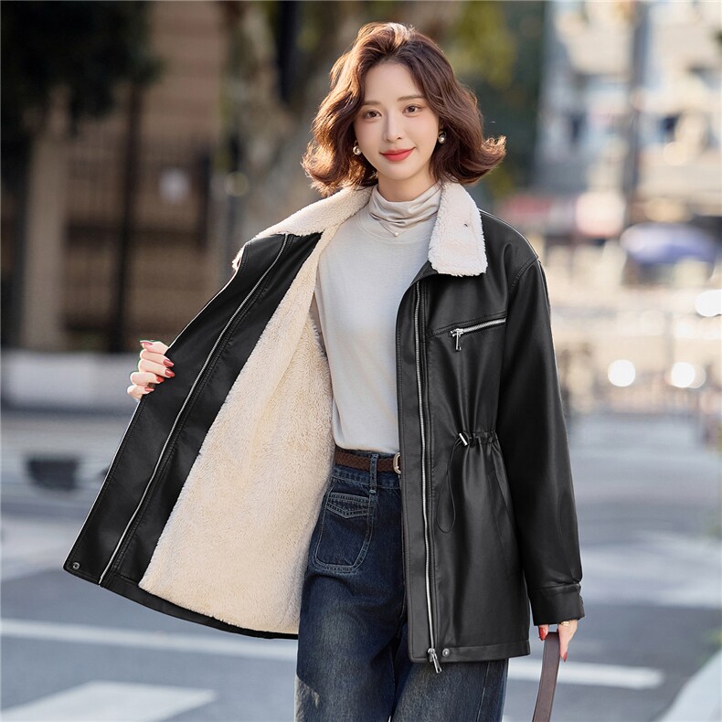 【冬季女装新款】中长款派克服加绒加厚保暖皮棉P-155,女装皮衣,简古