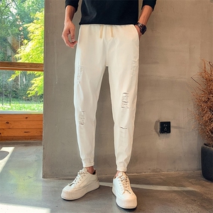 白色破洞小脚休闲裤男秋季新款潮流时尚简约百搭纯色长裤 K19-P58图片