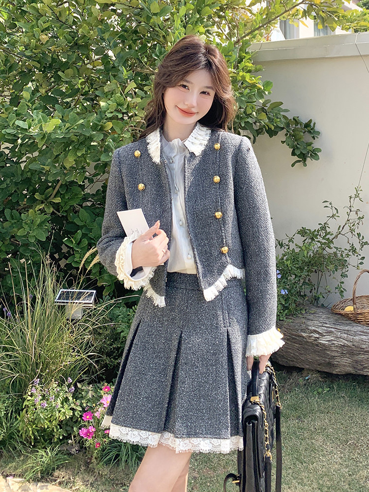 撞色蕾丝花边学院风套装女春季2025新款减龄设计感半身裙两件套潮,女装套装/套裙,含赞