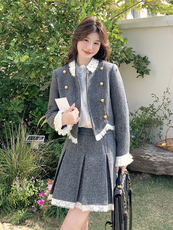 撞色蕾丝花边学院风套装女春季2025新款减龄设计感半身裙两件套潮，女装套装/套裙，含赞