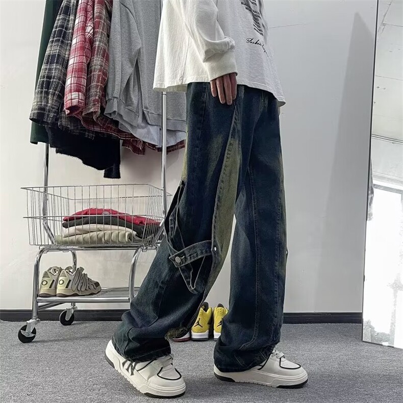 欧美hiphop高街风牛仔裤男潮牌复古做旧宽松设计感小众阔腿工装裤,男装牛仔裤,星座601-1